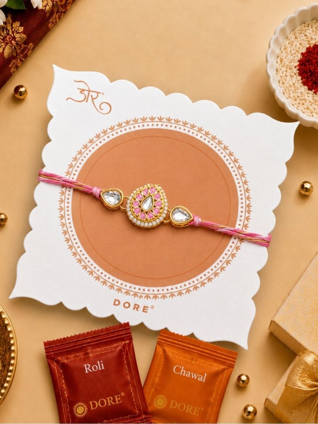 Dore Pink Teardrop Jaipuri Kundan & Pearl Thread Rakhi with Roli Chawal-picture-45