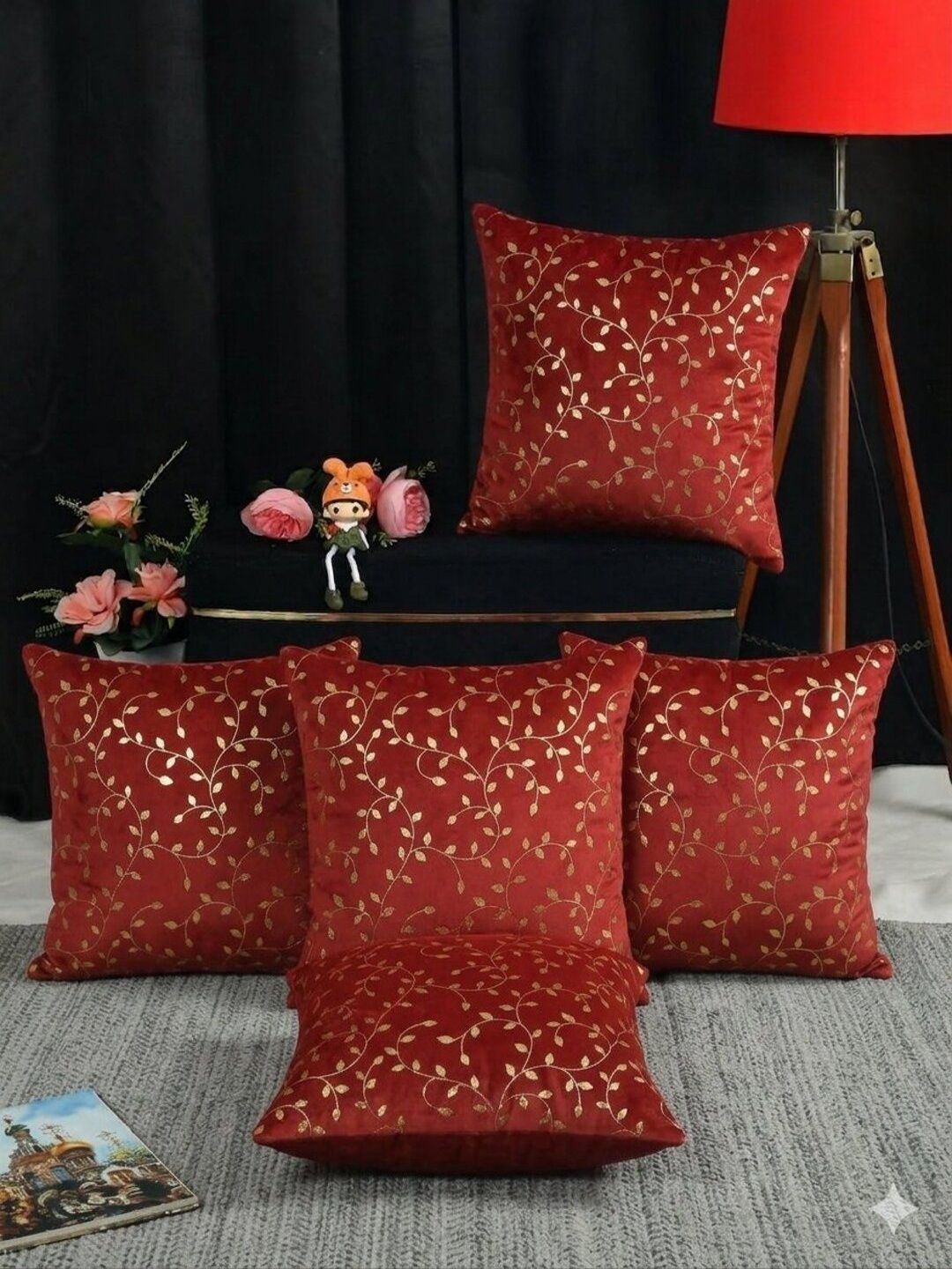 TEXIVA Red & Gold-Toned Set of 5 Floral Velvet Blend Square Cushion Covers-picture-21
