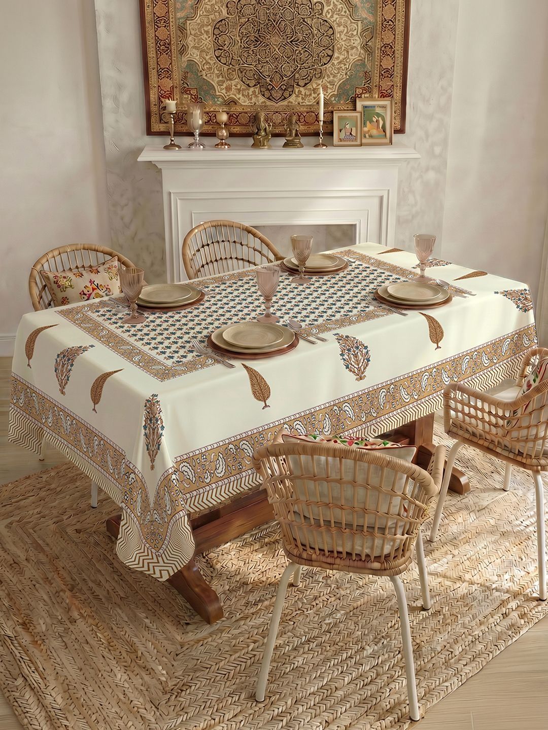 URBAN SPACE Cream-Coloured Floral Anti-Skid Cotton 6-Seater Table Cover with Textured details-picture-42