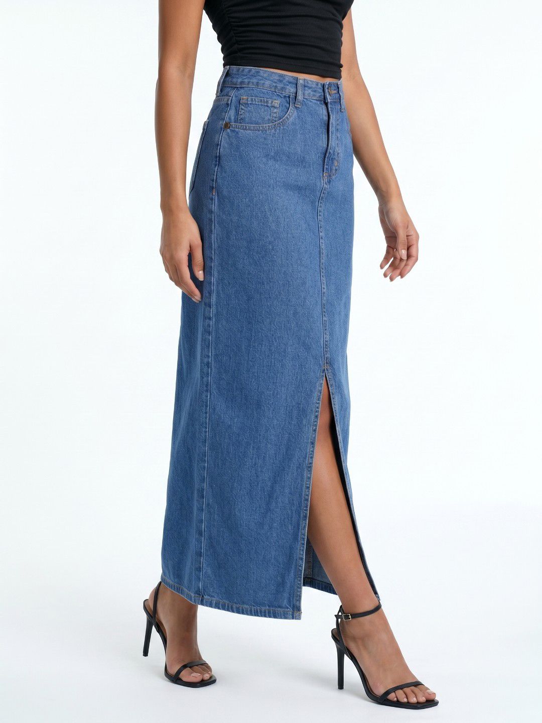 glitchez Women Front Slit Maxi Denim Skirt-picture-53
