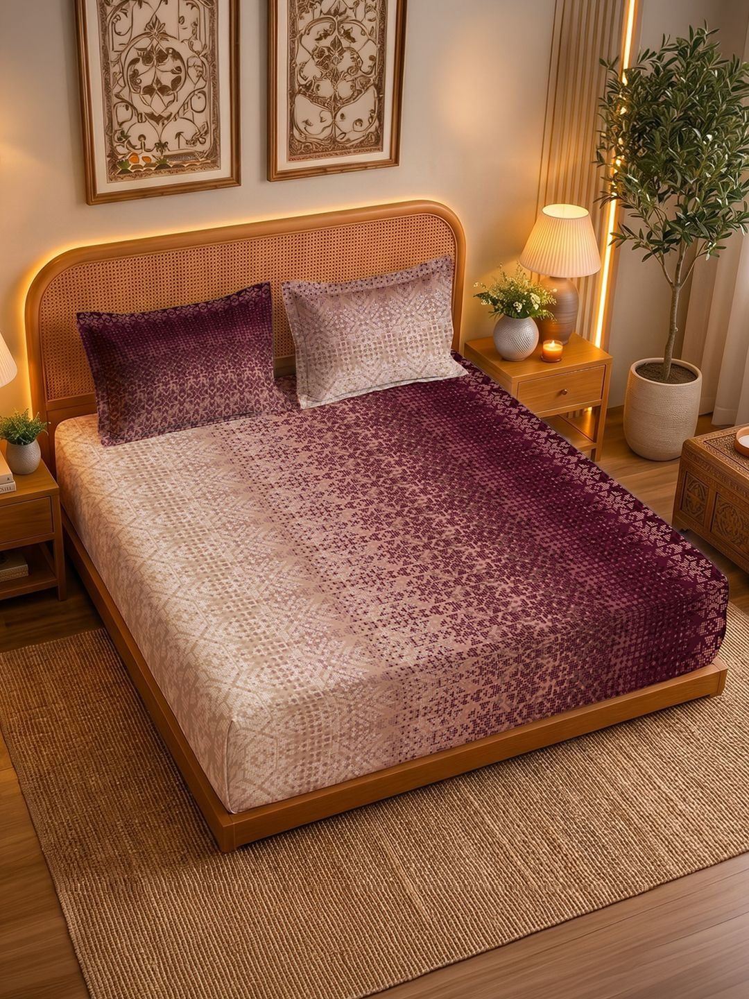 URBAN SPACE Sun & Sand Wine 200 TC Cotton Queen Bedsheet with 2 Pillow Cover - 90" x 100"-picture-45