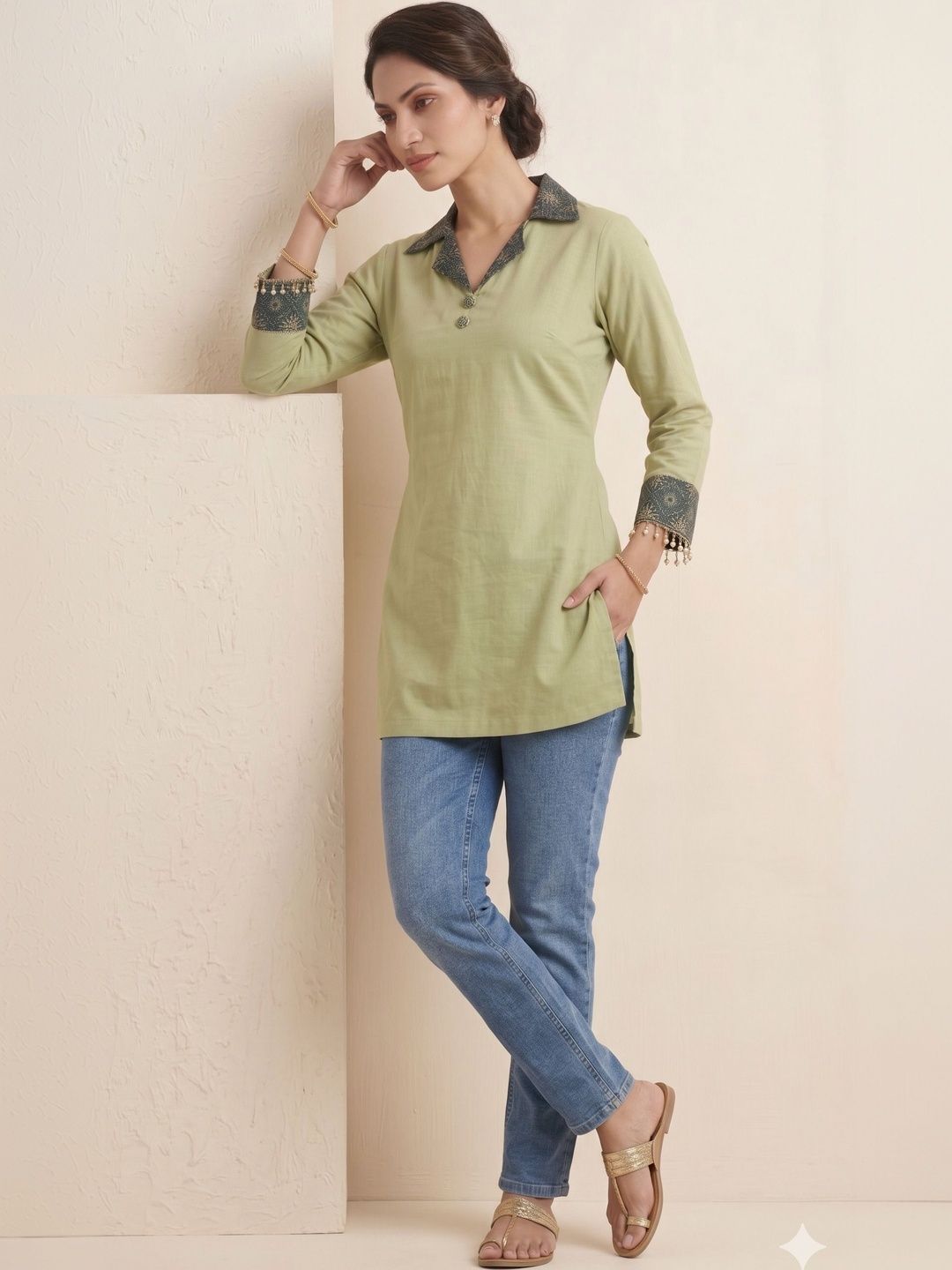 HERE&NOW Woven Design Shirt Collar Kurti-picture-31