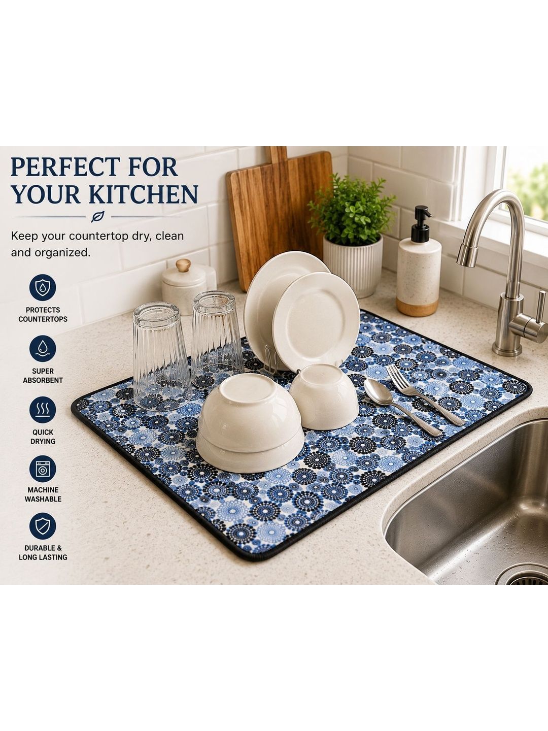 Aura Blue & White Floral Printed Microfiber Reversible Water Absorption Dish Drying Mat-image-38