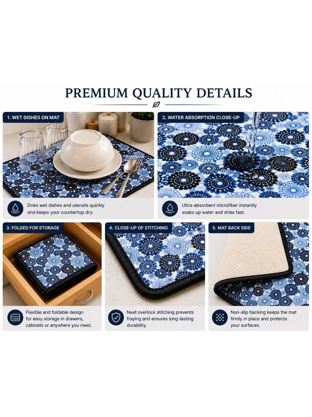 Aura Set Of 2 Blue & White Printed Microfiber Reversible Water Absorption Dish Drying Mats-picture-46