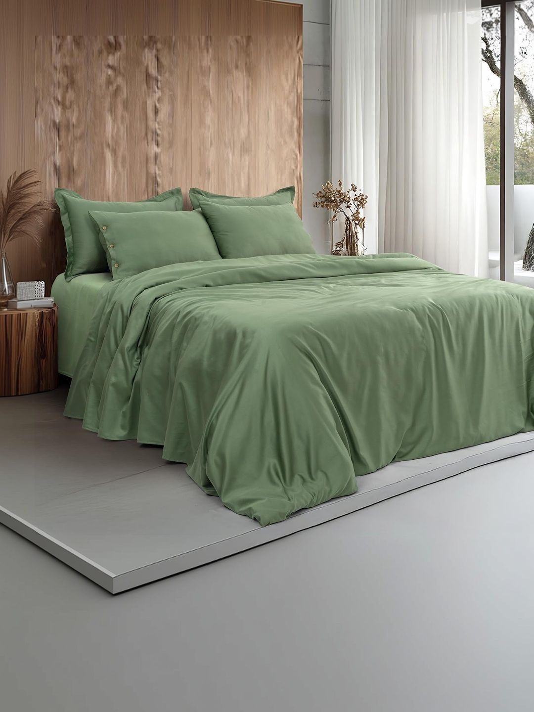 COZY ABODE Green 400 TC King Bedsheet with 2 Pillow Covers-image-48