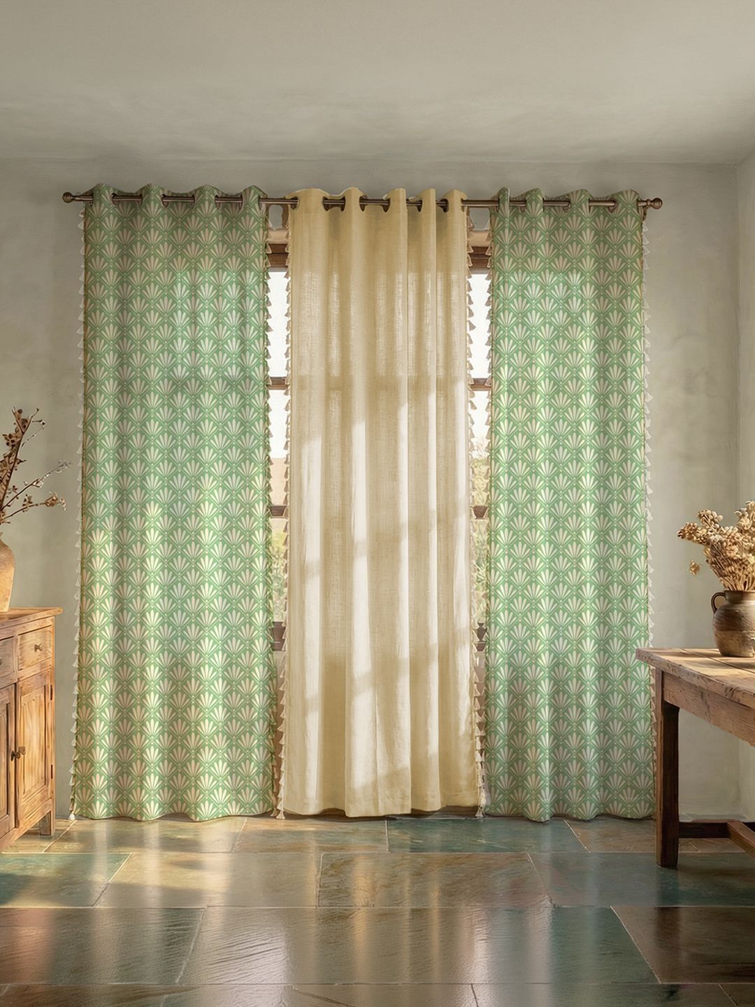 URBAN SPACE Green & Beige Set of 3 Floral Room Darkening Door Curtain-picture-40