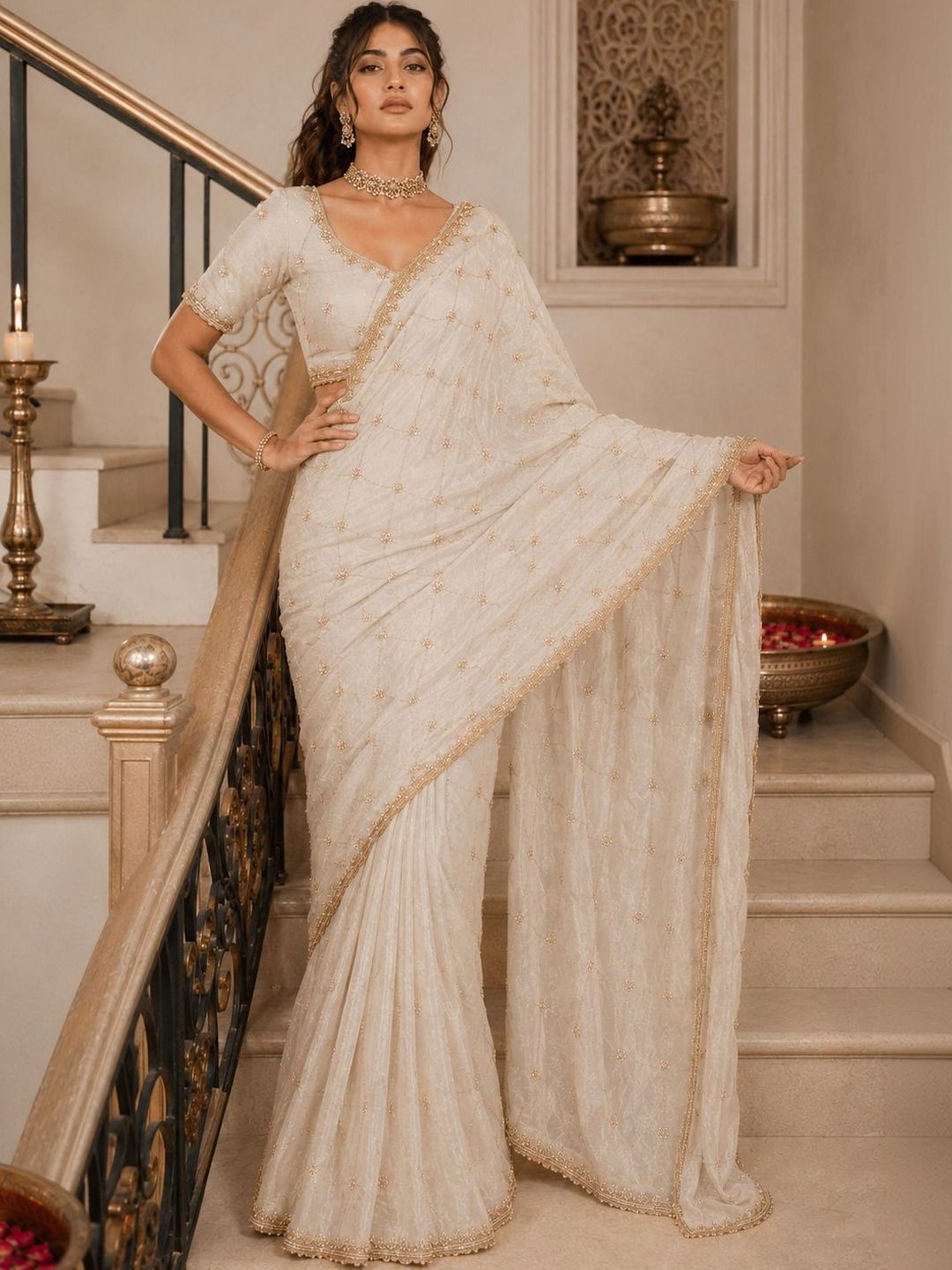 House of Pataudi Floral Sequinned Satin Saree-picture-23