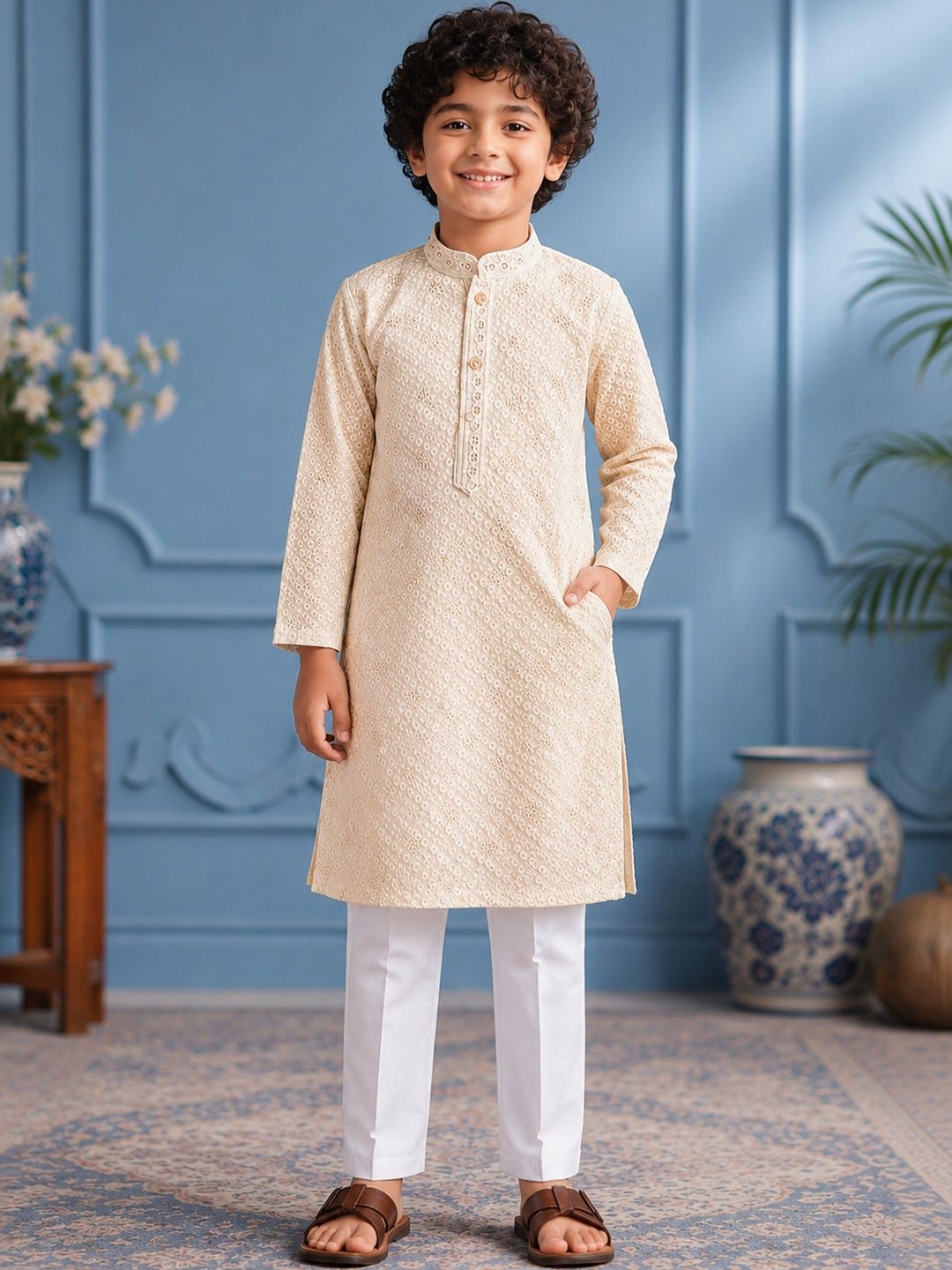 NATIONAL LEBASH Boys Ethnic Motifs Embroidered Regular Thread Work Pure Cotton Kurta with Trousers-picture-39