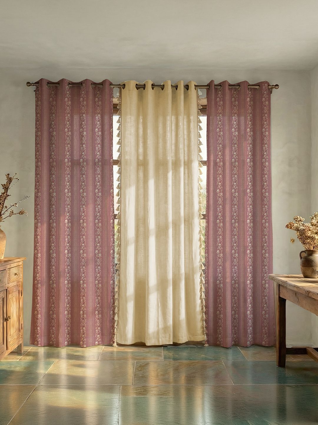 URBAN SPACE Pink & Beige Set of 3 Floral Room Darkening Window Curtain-image-29