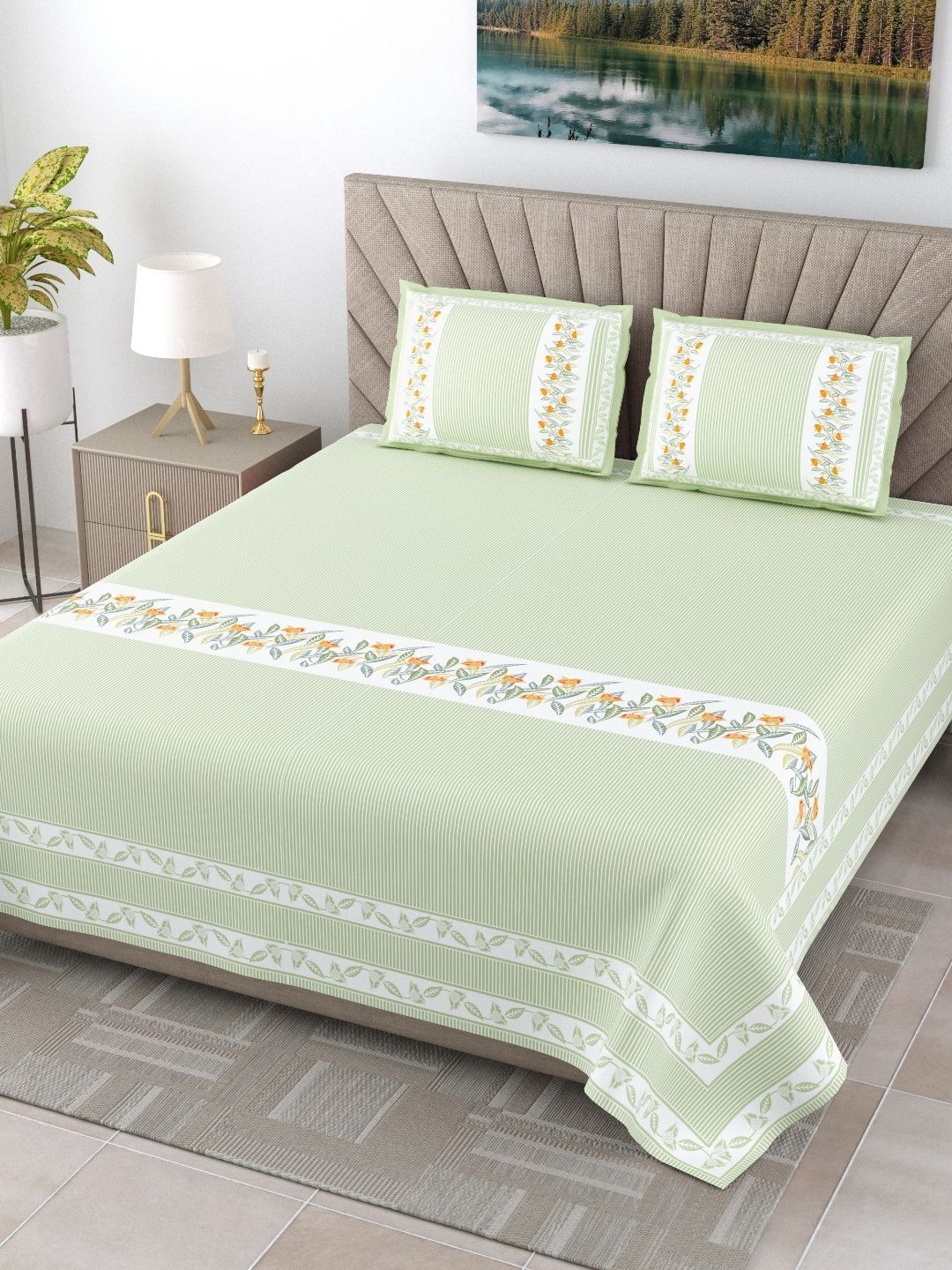 JAIPUR FABRIC Green & White Ethnic Motifs Bedsheet with 2 Pillow Covers-picture-26
