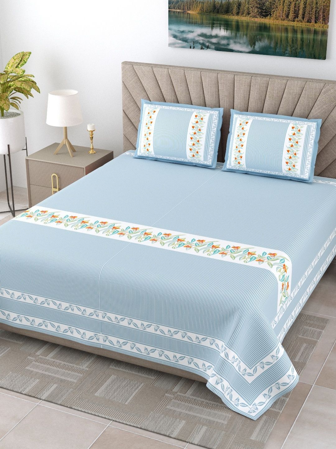 JAIPUR FABRIC Blue & White Ethnic Motifs Bedsheet with 2 Pillow Covers-picture-25