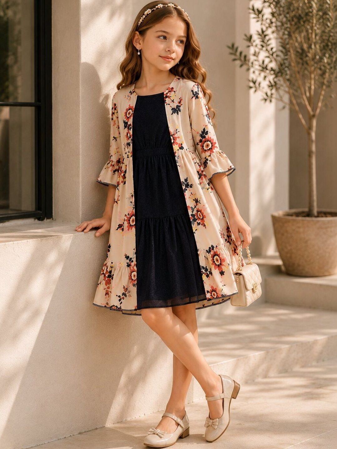 Sangria Floral Print Flared Sleeve Ruffled A-Line Dress-picture-14