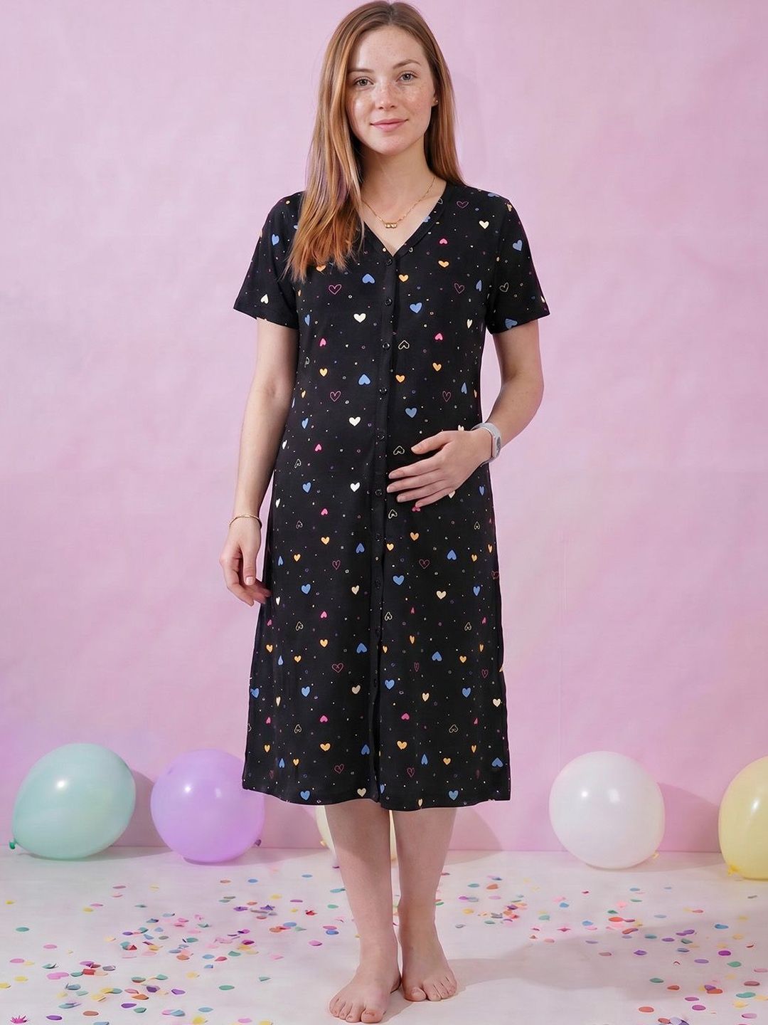 Secret Wish Printed Hosiery Calf Length Zipless Maternity Nightdress-picture-39
