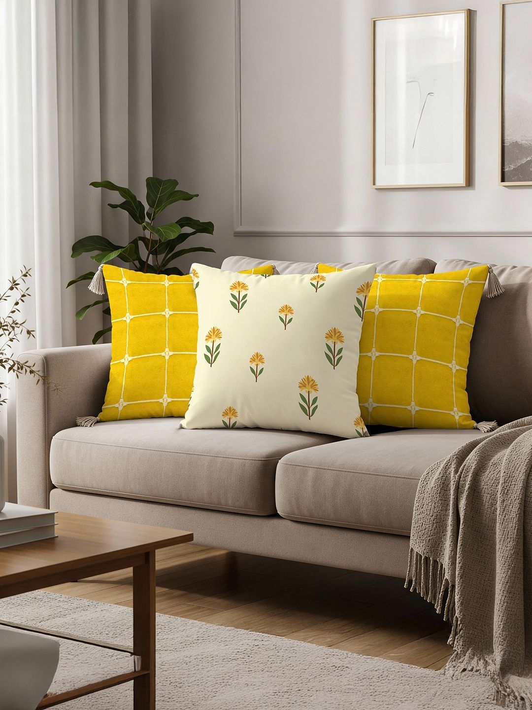 URBAN SPACE White & Yellow Set of 3 Floral Square Cushion Covers-picture-41