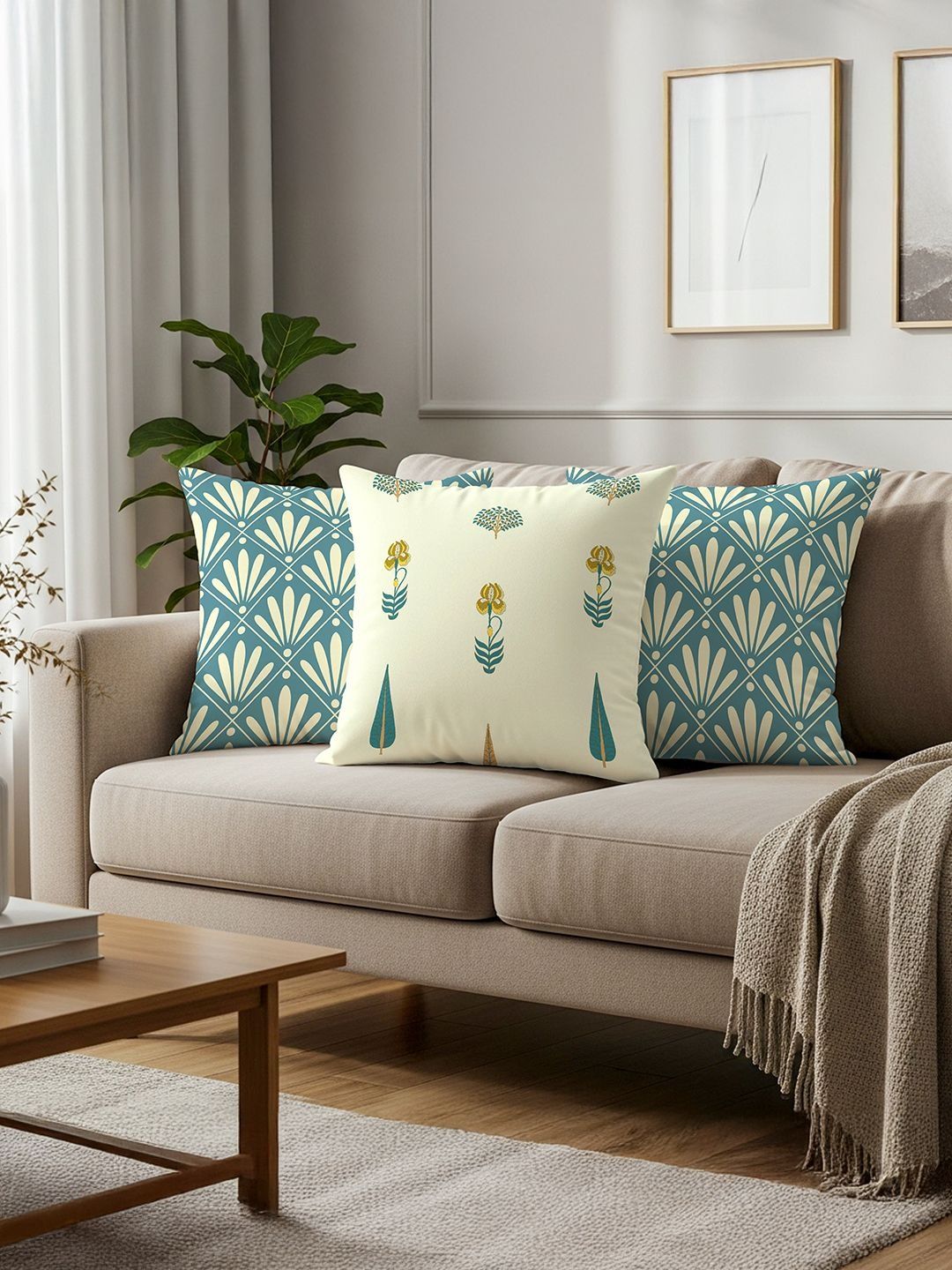 URBAN SPACE Blue & Cream-Coloured Set of 3 Floral Square Cushion Covers-picture-23