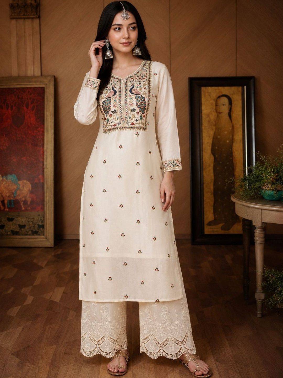rarethread Ethnic Motifs Embroidered Thread Work V-Neck Long Sleeves Pure Silk Kurta-picture-24