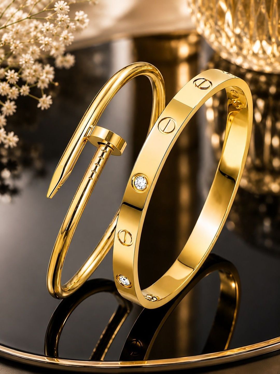 SZN Set Of 2 Stainless Steel Gold-Plated Cubic Zirconia Studded Bangle-Style Bracelet