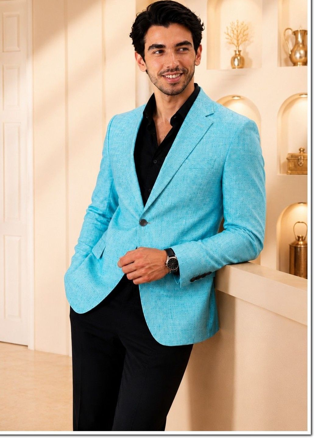 House of Pataudi Self Design Notched Lapel Single-Breasted Tailored Fit Blazers-picture-52