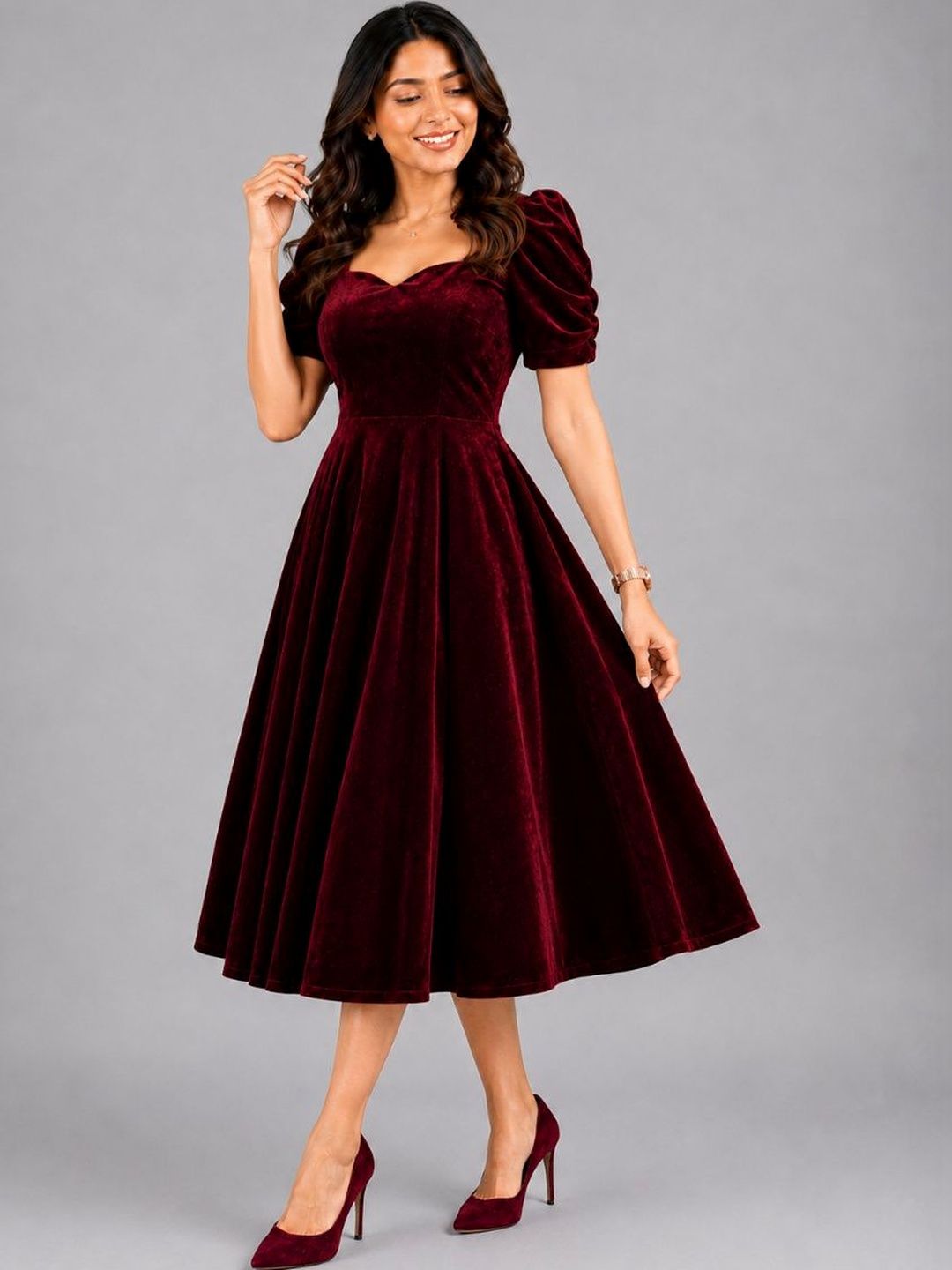 Aumira Puff Sleeve Velvet Fit & Flare Midi Dress-image-10