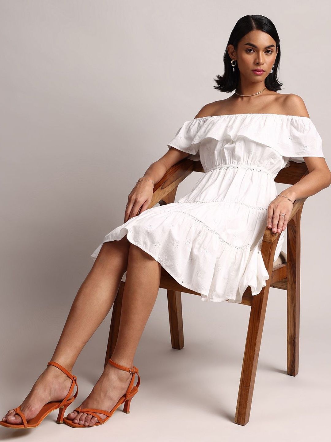 Janasya Embroidered White Off-Shoulder Ruffled Cotton A-Line Dress-picture-27