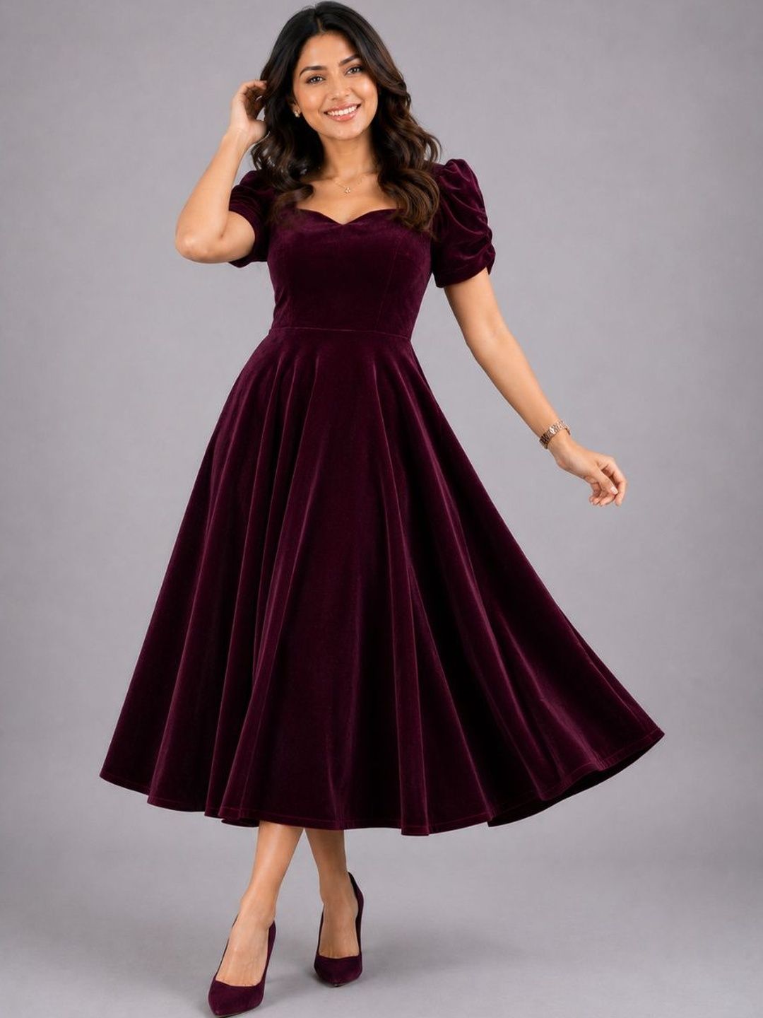 Aumira Puff Sleeve Velvet Fit & Flare Midi Dress-picture-20