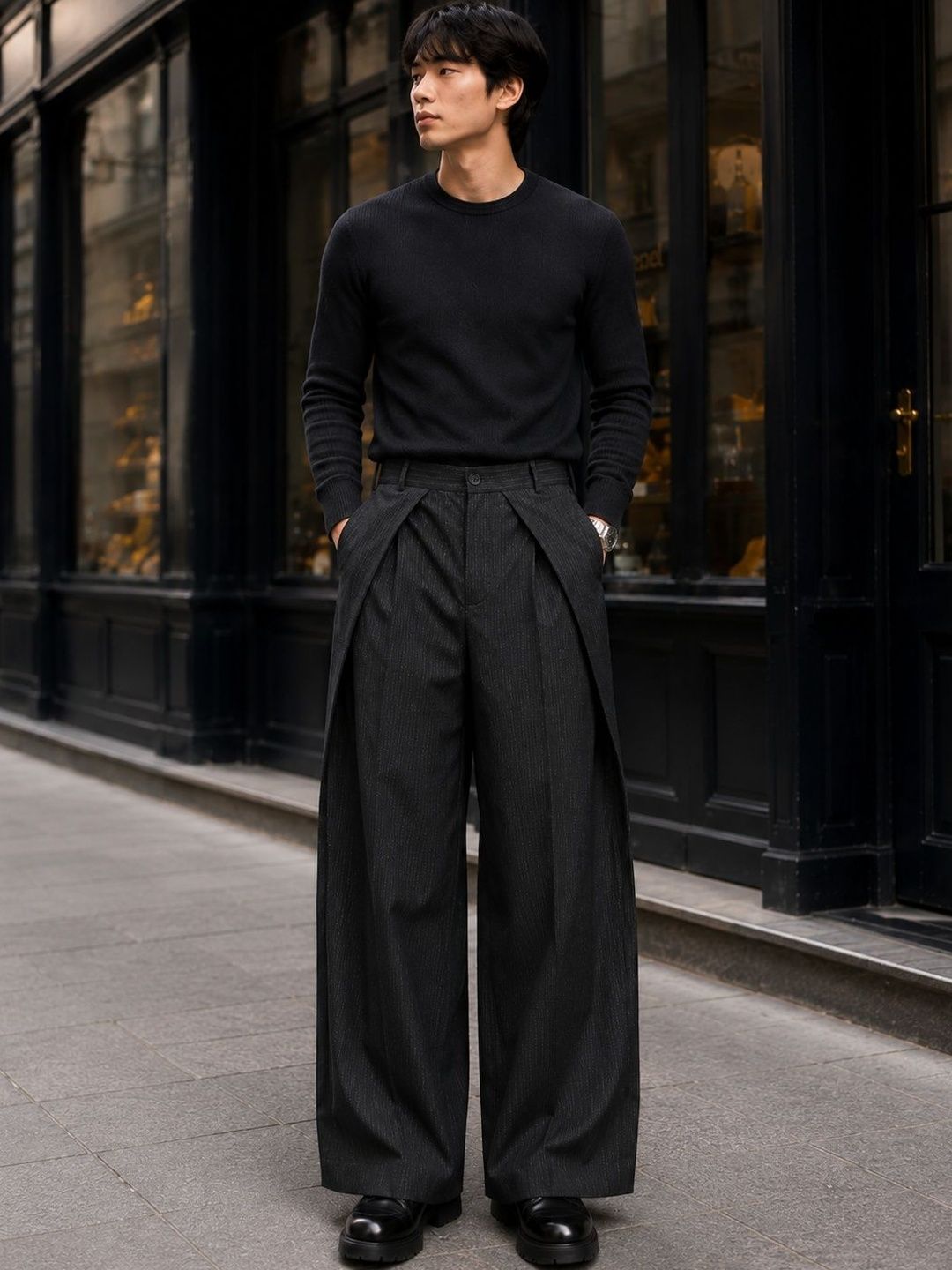 NOWI Men Striped Relaxed High-Rise Pleated Trousers-picture-58