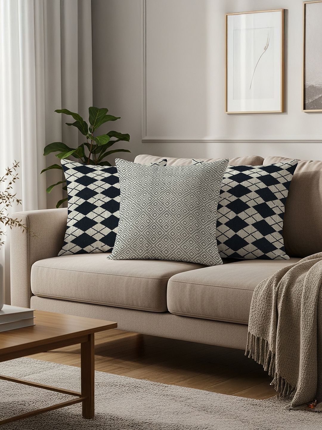 URBAN SPACE White & Black Set of 3 Geometric Square Cushion Covers-image-36
