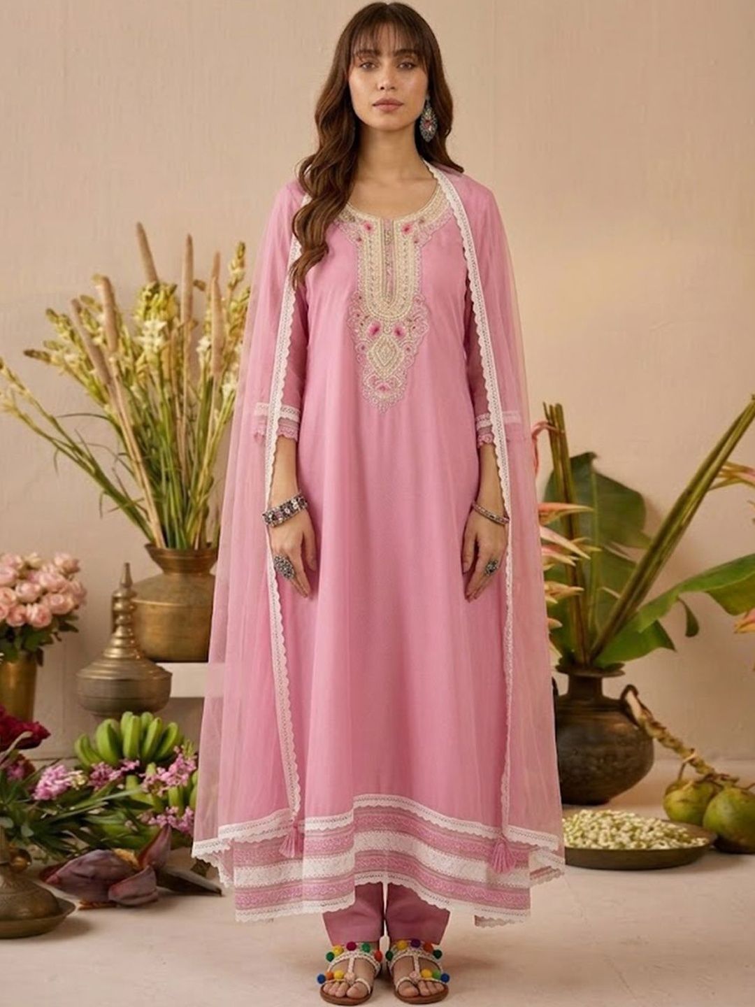 House of Pataudi Women Ethnic Motifs Embroidered Regular Thread Work Kurta with Trousers & With Dupatta-picture-40