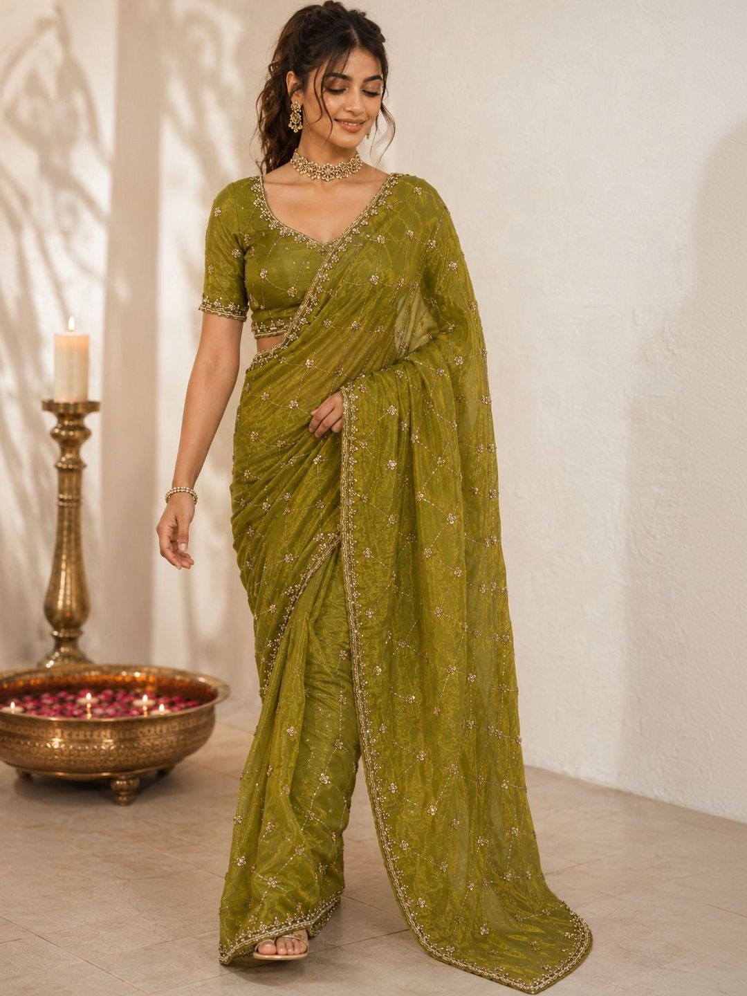 House of Pataudi Floral Embroidered Satin Saree-picture-14