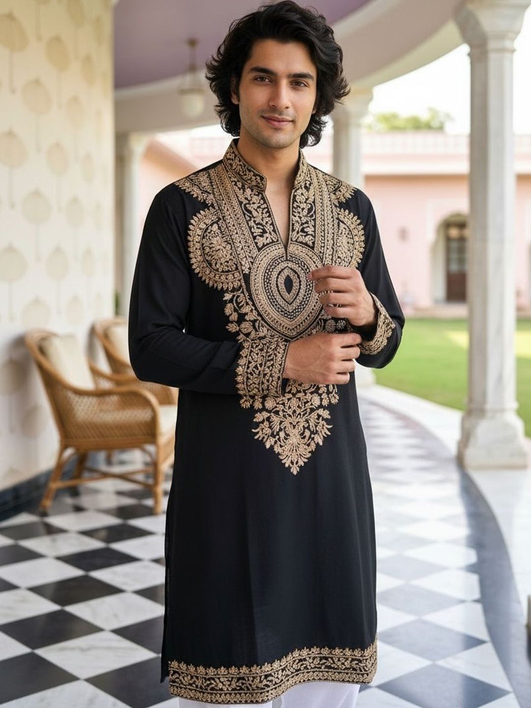 House of Pataudi Men Ethnic Motifs Embroidered Thread Work Grandeur & Majestic Artwork Kurta-picture-35
