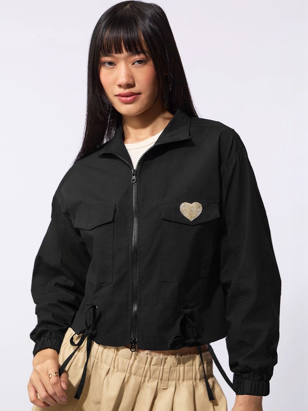 The Souled Store Women Lightweight Crop Open Front Jacket with Embroidered-picture-37