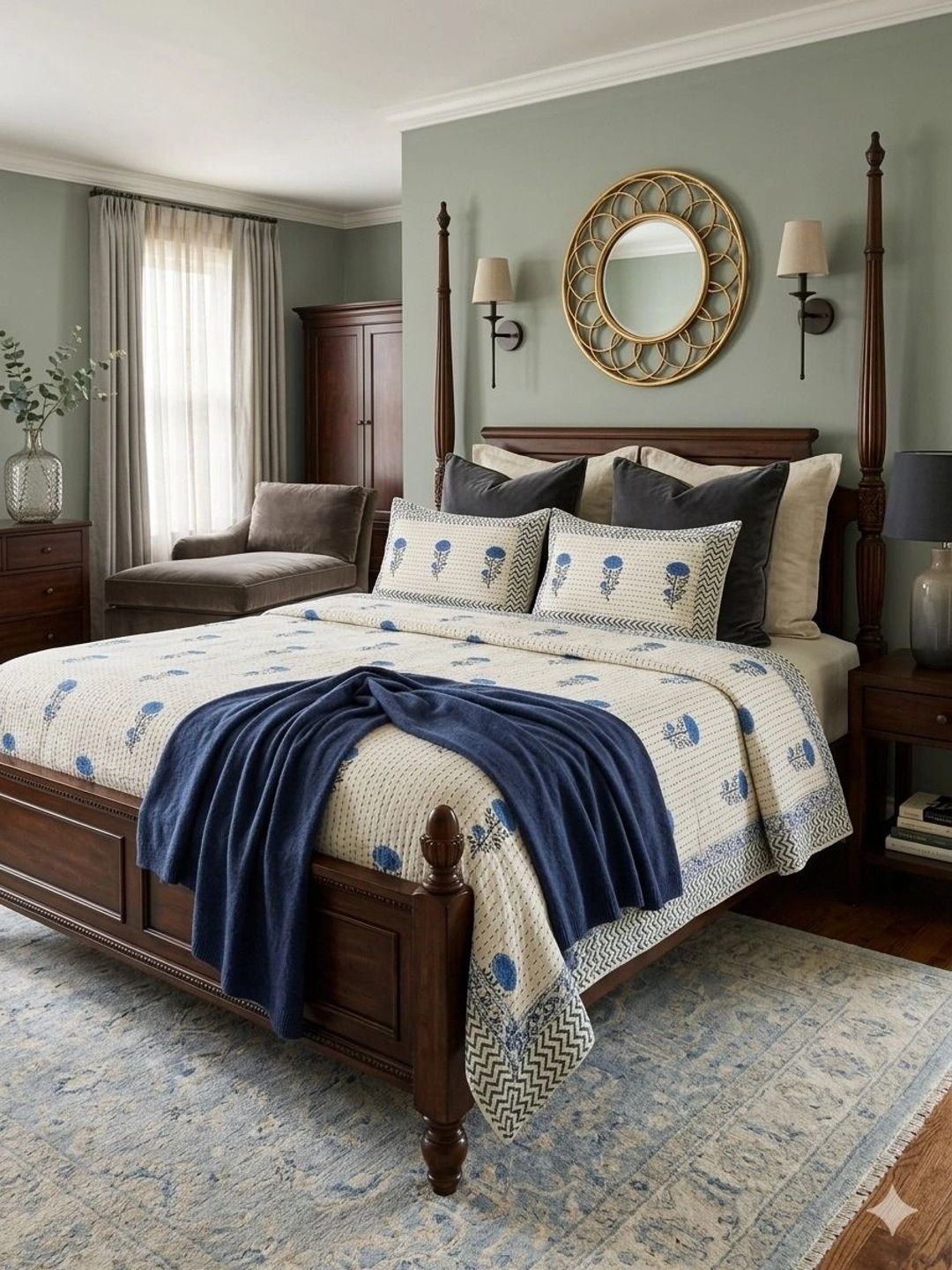 Gulaab Jaipur Beige & Blue Handblock-Printed Cotton Kantha Bed Cover With Pillow Covers-image-20