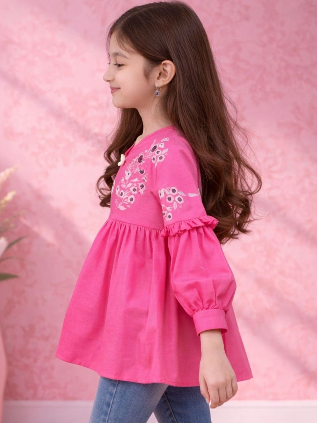 Miss & Chief Floral Embroidered Puff Sleeve Cotton Blend Top-picture-1