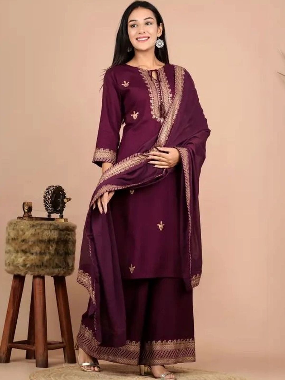 Kabya Women Ethnic Motifs Embroidered Regular Thread Work Kurta with Palazzos & With Dupatta-picture-56