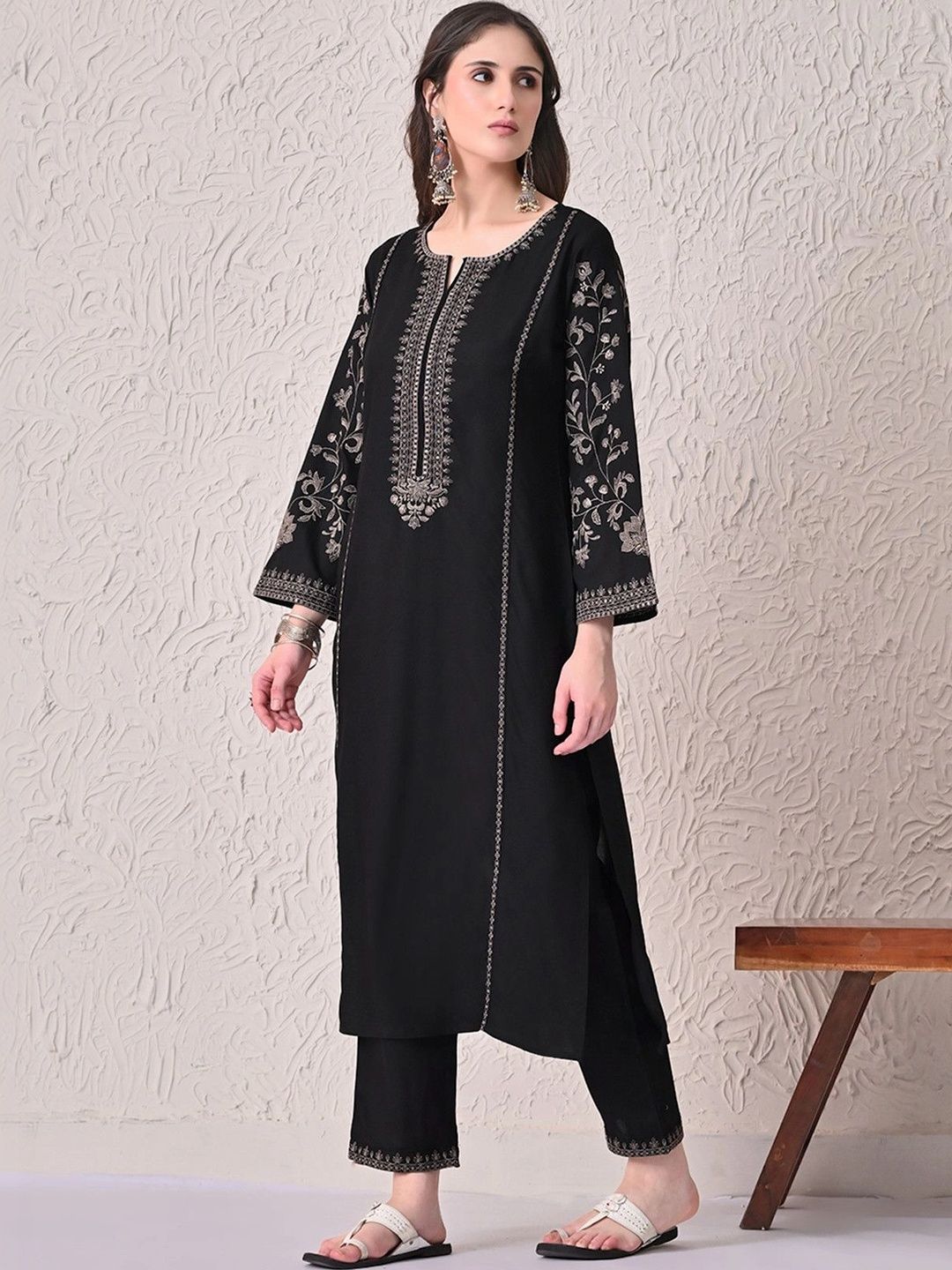 Sabhyata Women Ethnic Motifs Embroidered Regular Thread Work Kurta with Trousers-picture-31