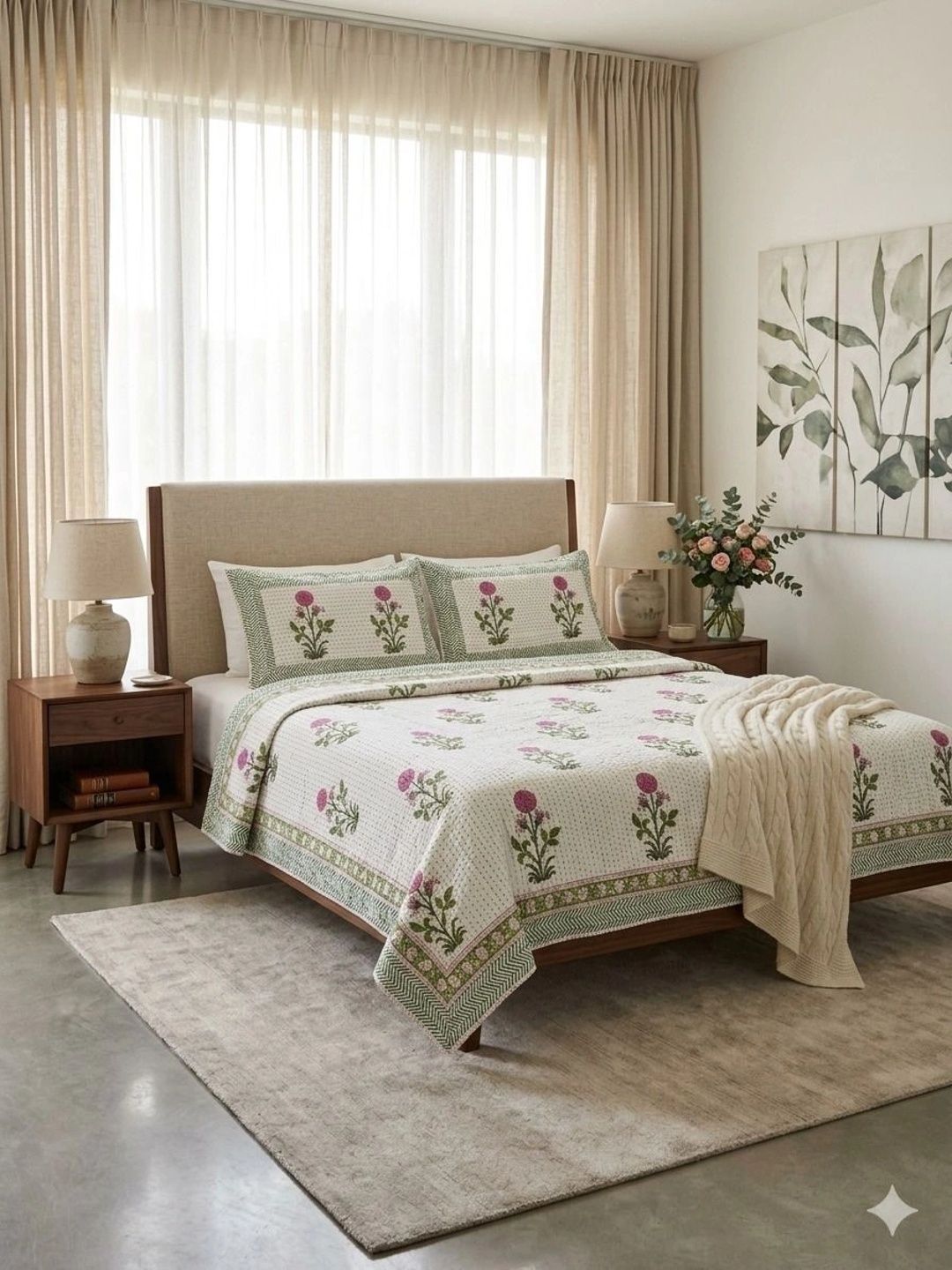 Gulaab Jaipur White & Pink Handblock-Printed Cotton Kantha Bed Cover With Pillow Covers-image-8