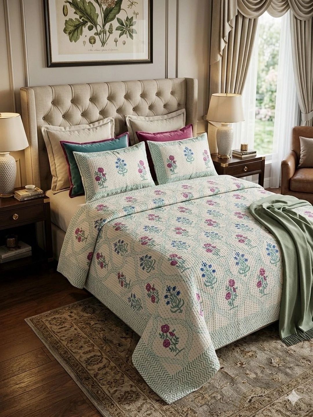 Gulaab Jaipur White & Pink Handblock-Printed Cotton Kantha Bed Cover With Pillow Covers-image-36