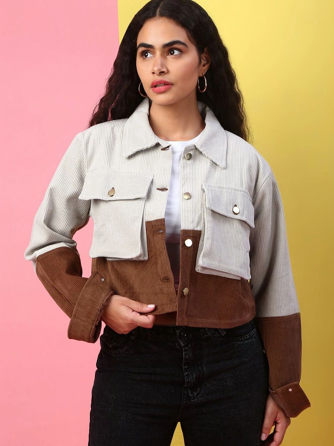 Kaali Peeli Women Colourblocked Corduroy Crop Woven Jacket-image-1