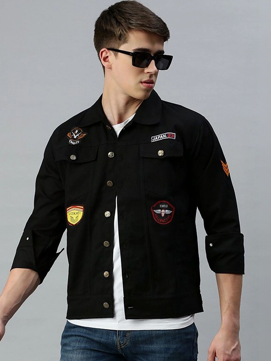 Kaali Peeli Men Denim Jacket with Patchwork