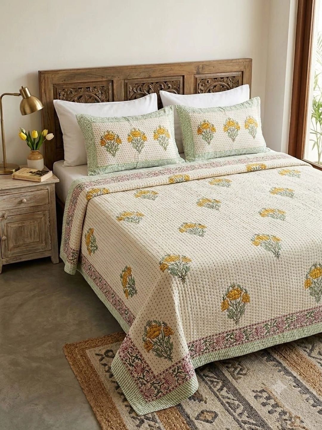 Gulaab Jaipur White & Yellow Handblock-Printed Cotton Kantha Bed Cover With Pillow Cover-picture-20