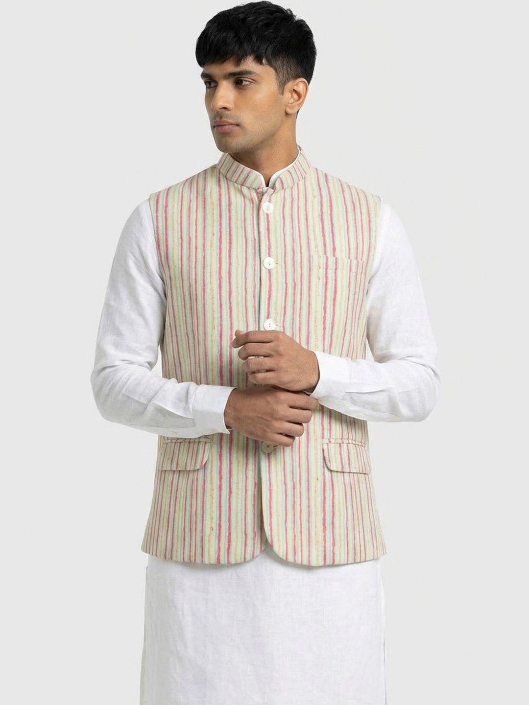 Sanman Ethnix by Raymond Men Striped Open Front Jacket
