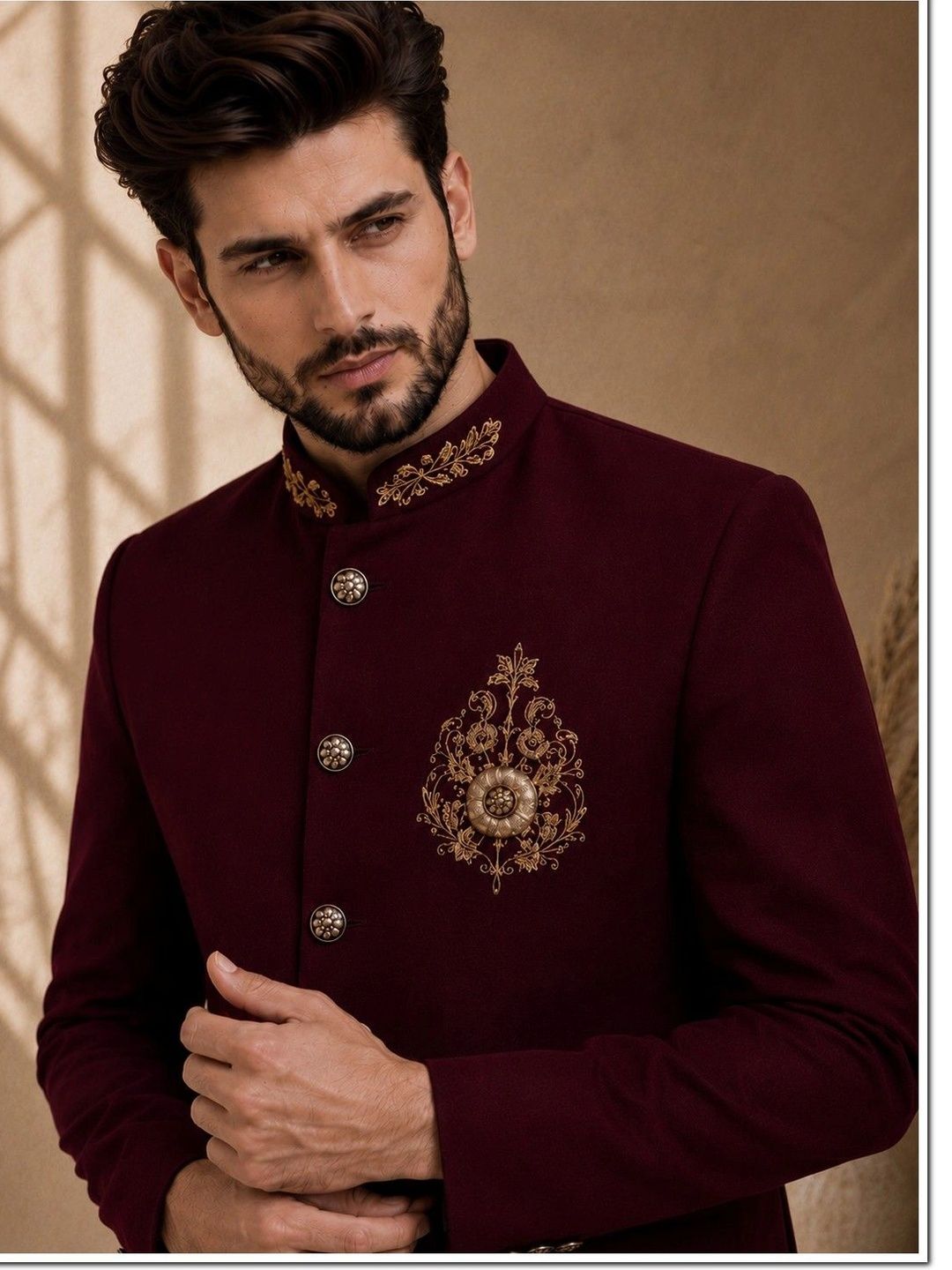 SOURAGYA Embroidered Mandarin Collar Pure Cotton Jhodpuri Tailored Fit Blazers-picture-31
