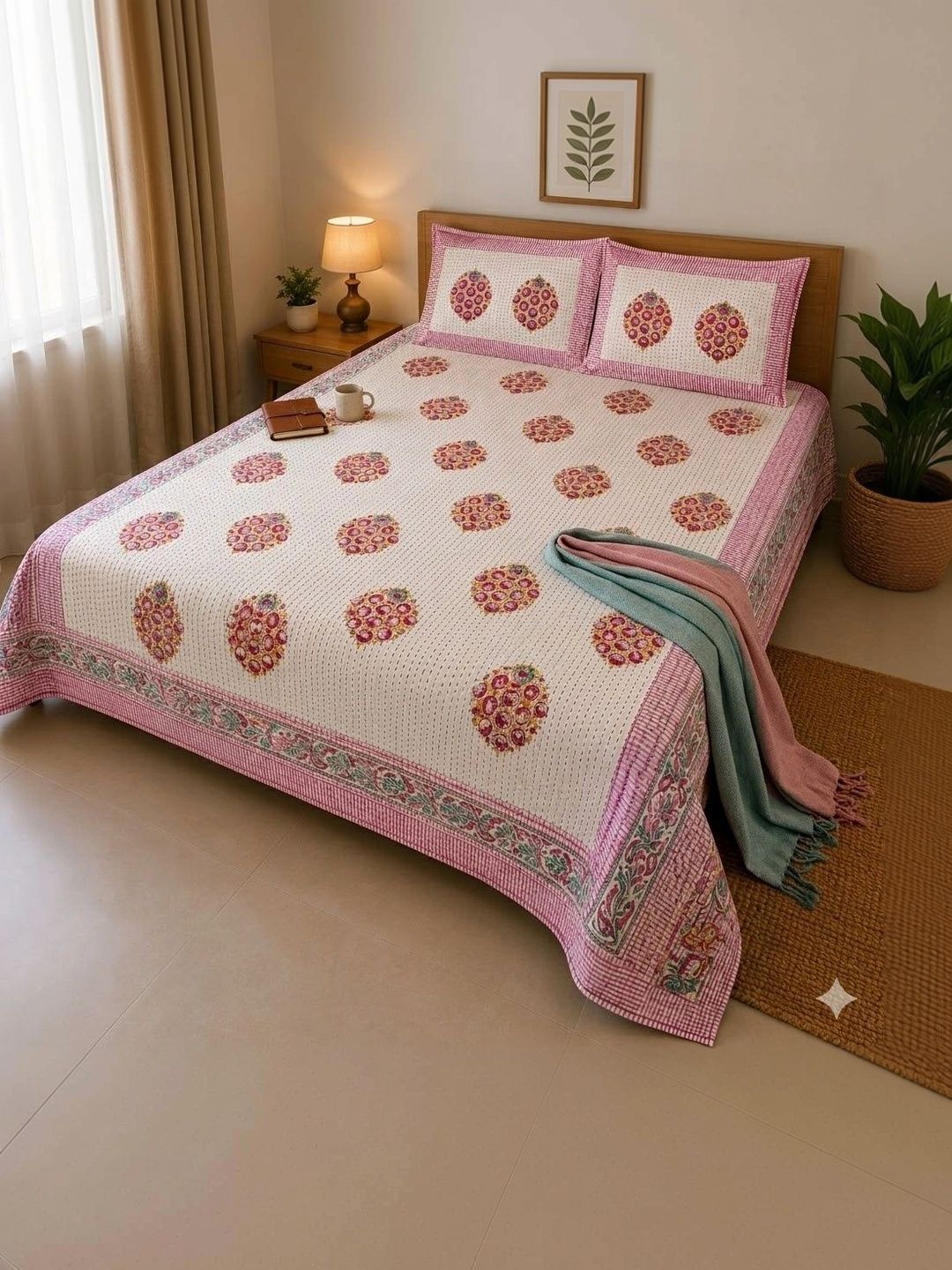 Gulaab Jaipur White & Pink Handblock-Printed Cotton Kantha Bed Cover With Pillow Covers-image-35