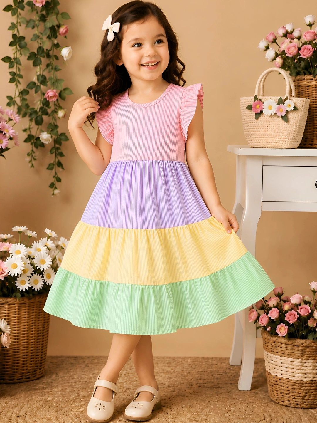 Arshia Fashions Striped Flutter Sleeve Ruffled A-Line Dress-image-31