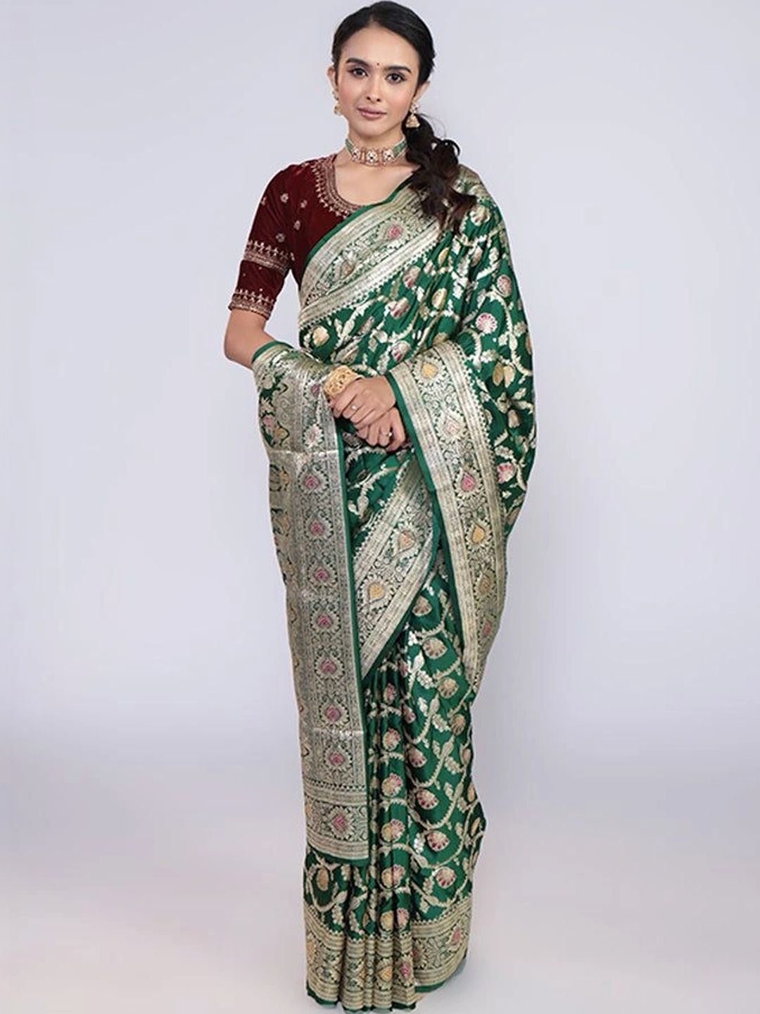 Indian Silk House Agencies Floral Printed Zari Art Silk Banarasi Saree With Blouse-picture-17