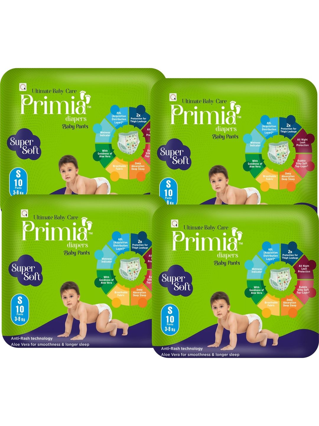 Primia Set Of 4 Diaper Baby Pants With Aloe Vera - S - 10Pcs Each-picture-58