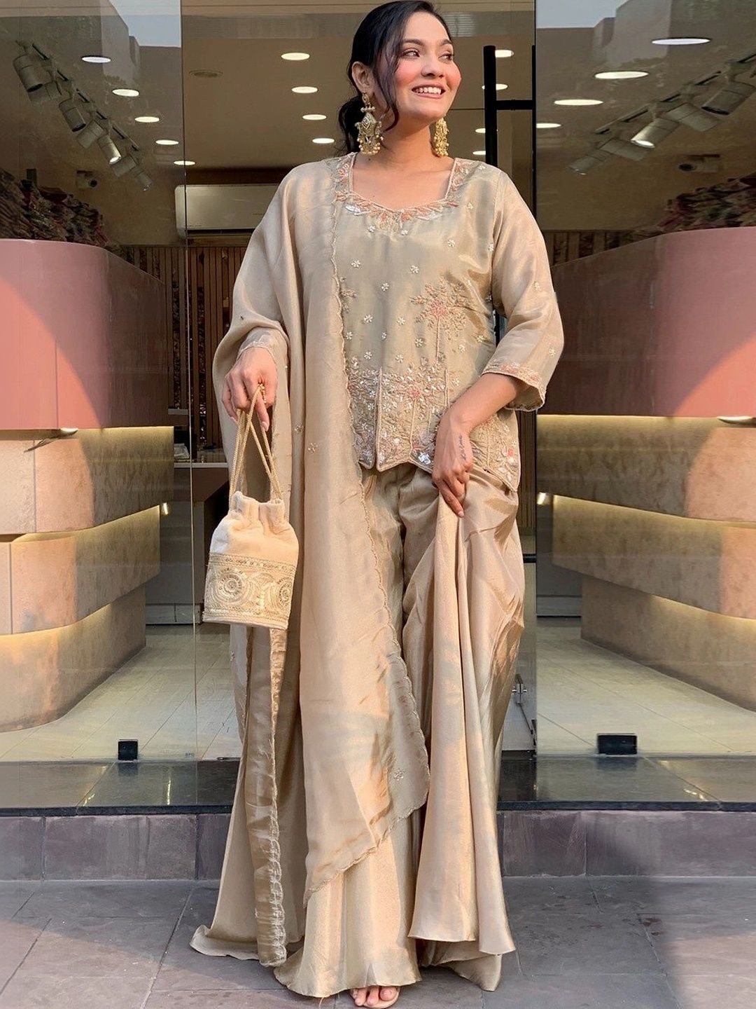 GoSriKi Women Ethnic Motifs Embroidered Regular Thread Work Kurta with Palazzos & With Dupatta-picture-50