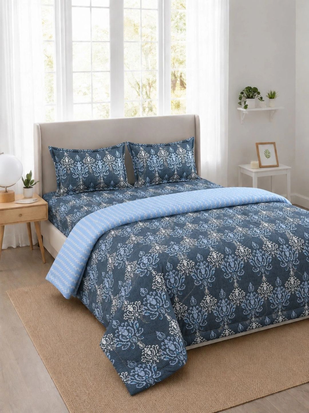 Florida Navy Blue & Light Blue Floral Polycotton 4 Piece Double Queen Fine Bedding Set-image-28