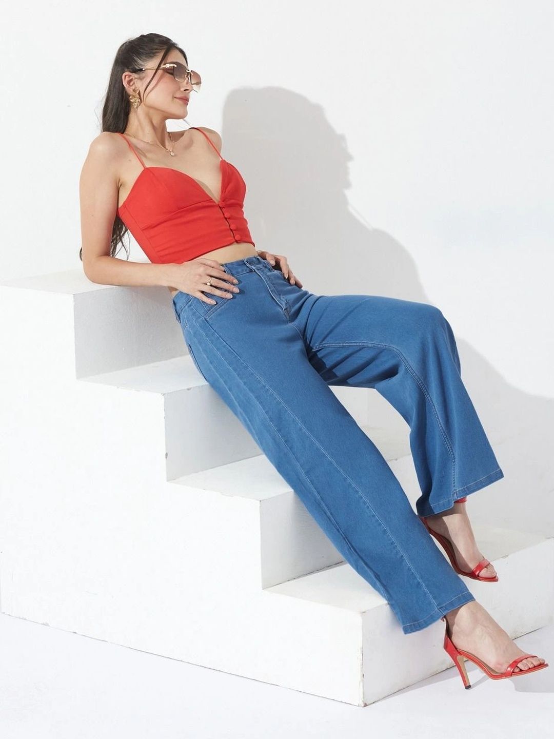 Miss Chase Women Wide Leg High Rise Curved Panel Clean Look Stretchable Denim Jeans-picture-31