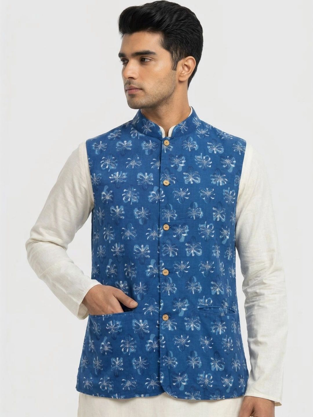 Sanman Ethnix by Raymond Men Floral Printed Open Front Nehru Jackets